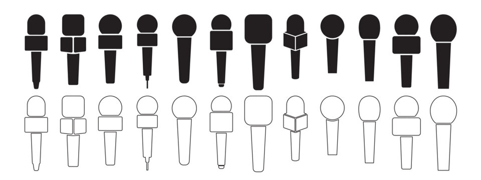 Broadcasting microphone set including various professional reporter and interview styles with microphone broadcast interview journalism reporter communication equipment