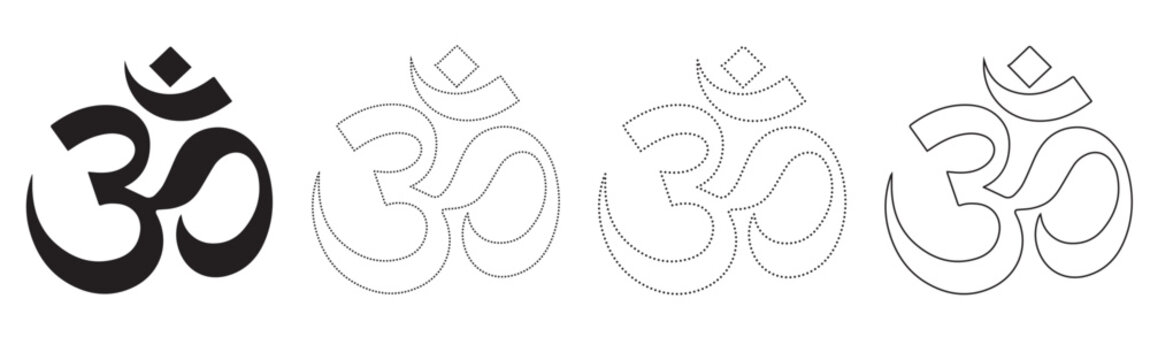 Set of black and outline om symbol variations for spiritual design with meditation spiritual hinduism buddhism religion illustration minimalist wellness tradition esoteric