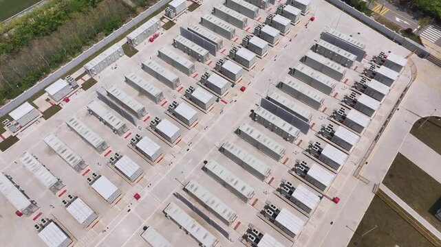 aerial view of energy storage power station with containerized battery units