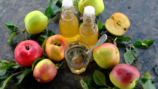 Apple cider vinegar against a background of apples. Selective focus.