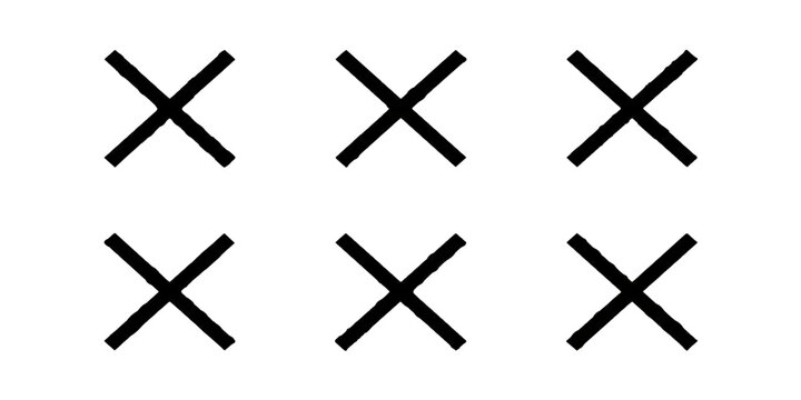 Six bold black 'X' marks are arranged in two rows of three on a stark white background, creating a minimalist graphic pattern with a sense of crossing out or error.