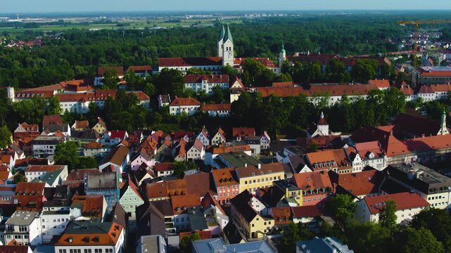 Aerial view of the old town and city Freising  in Germany, Bavaria on a sunny spring day