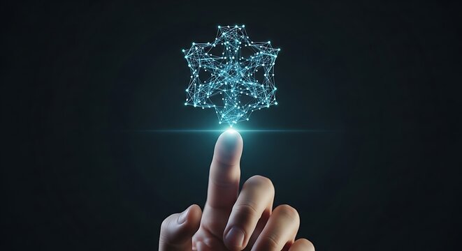 Human finger touching a glowing blue digital snowflake made of network nodes representing cold weather technology or climate data analysis