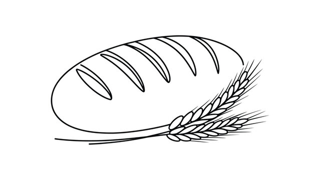  minimalist continuous line art bread loaf with wheat ear illustration, bakery and baking concept, elegant one line drawing of fresh artisan bread, modern food outline artwork