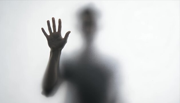 Blurred human silhouette raised hand frosted glass mystery fear isolation anxiety loneliness depression shadow figure hand gesture frosted glass panel mysterious figure lonely mood abstract privacy