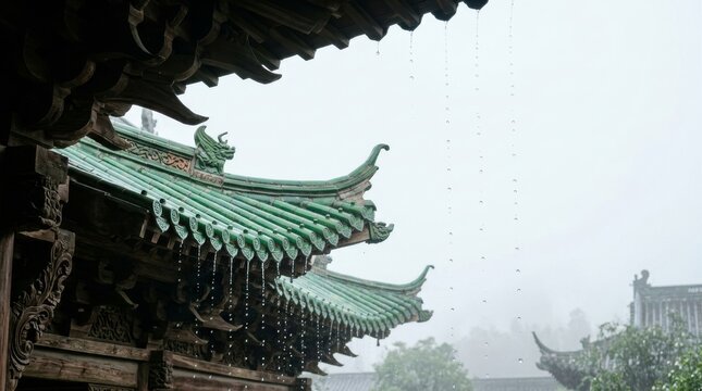 Ancient Chinese Garden Architecture with Green Flying Eaves in Heavy Rain