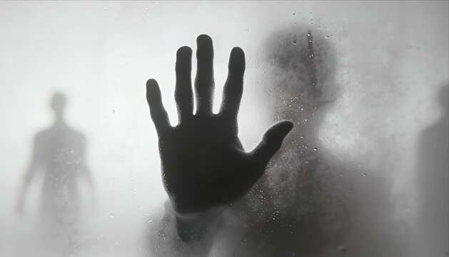 Mysterious silhouette hand on glass in fog creating horror shadow figure with blur and fear eerie dark mood creepy atmosphere tension suspense dramatic fantasy
