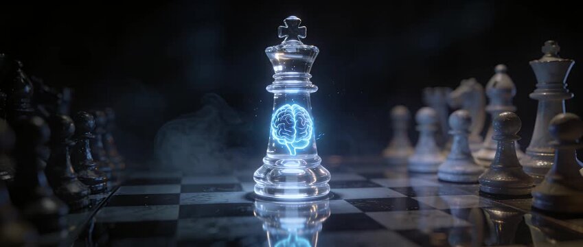 Futuristic digital chess glass king with glowing brain, strategy intelligence power concept on dark board, blue neon light chessboard game strategy, transparent glass chess piece innovation vision