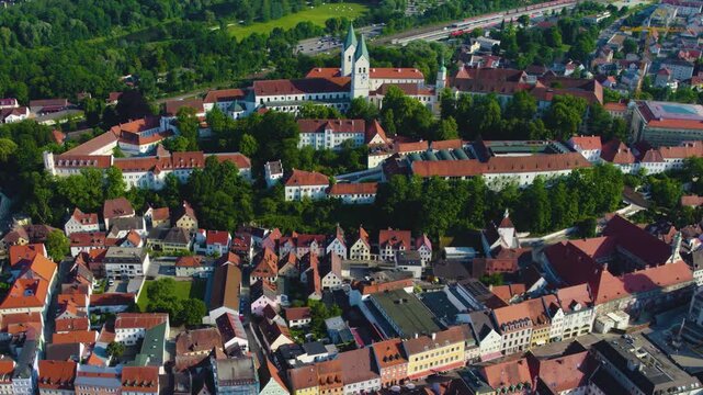 Aerial view of the old town and city Freising  in Germany, Bavaria on a sunny spring day