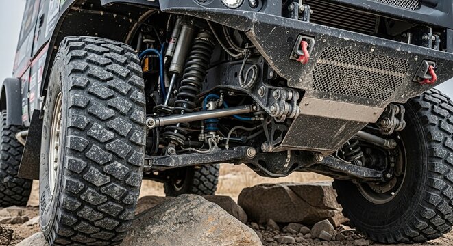 Close-up of 4x4 vehicle suspension.