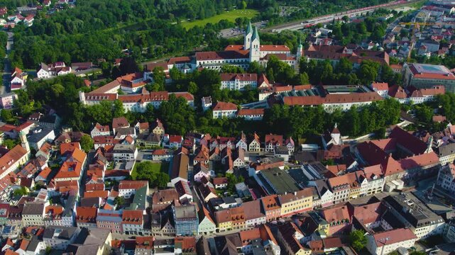 Aerial view of the old town and city Freising  in Germany, Bavaria on a sunny spring day