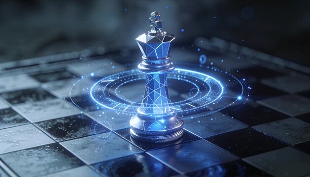 Futuristic chess king digital hologram sci fi strategy glowing ring cyber board metallic piece blue light virtual reality game concept leadership symbol technology fantasy innovation 3d render design