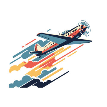 Vintage Aeroplane Flying in the Clouds - Vector Illustration