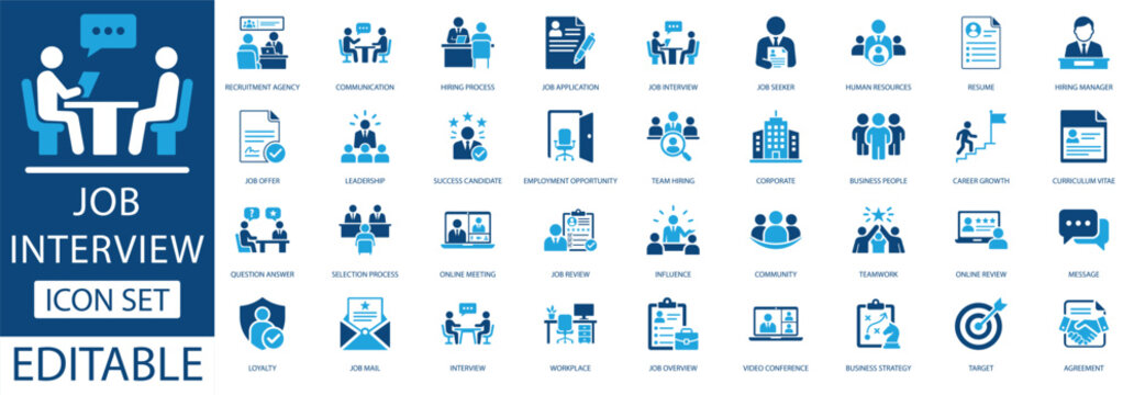 Job interview solid icon set for human resources. Editable vector icons for hiring process, employment, career growth, corporate business layout.