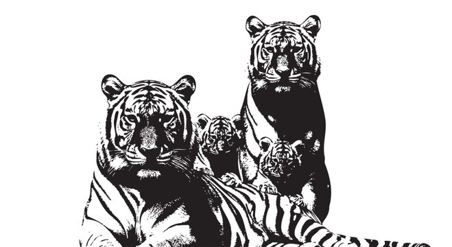 Black and white tiger family, striped animal illustrations, wildlife vector graphics, zoo creatures