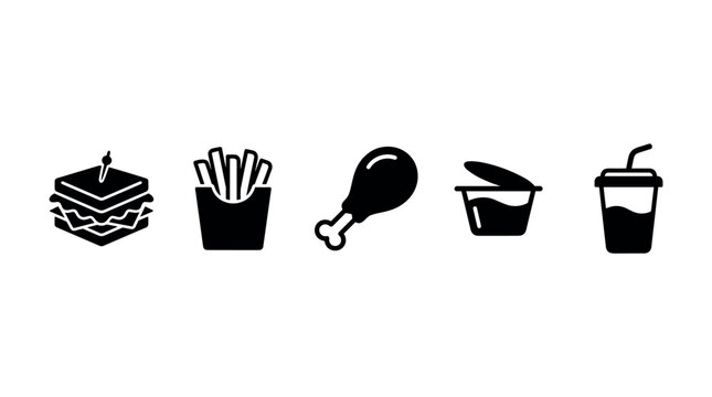 Delicious fast food icons set features sandwich, french fries, chicken drumstick, sauce, and beverage cup symbols for restaurant menus and apps.