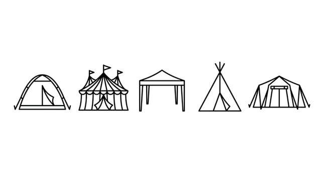 Various camping tents and outdoor shelters line art icons illustrate different types of temporary structures for events, recreation, and wilderness adventures.