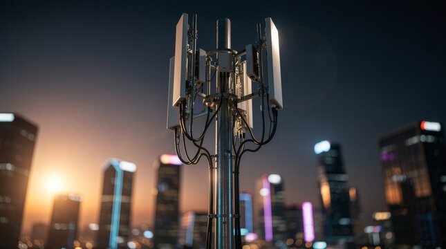 Telecommunications Tower Transmitting Wireless Signals in Cityscape