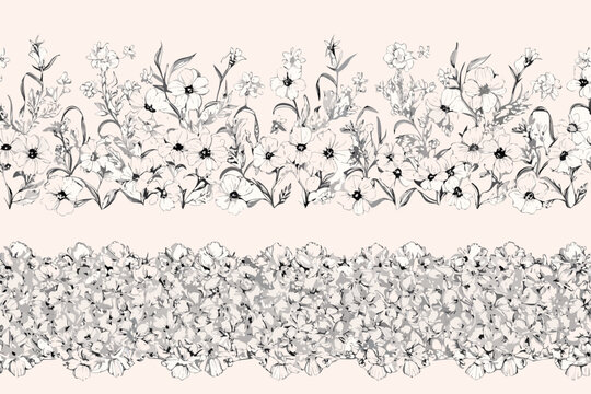 Floral ornament seamless pattern with delicate sketched wildflowers on a beige background