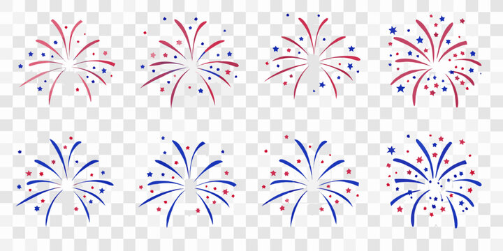 Patriotic Fireworks Explosions Red White And Blue Vector Illustration With Transparent Background
