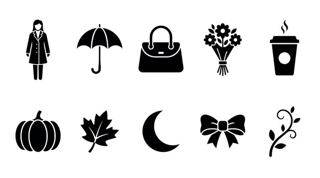 Collection of diverse black silhouette icons representing various objects like a woman, umbrella, handbag, flowers, coffee, pumpkin, leaf, moon, bow, and vine.