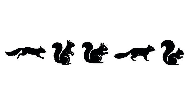Five black squirrel silhouettes in various poses showcasing different movements and natural behaviors of these small forest animals.