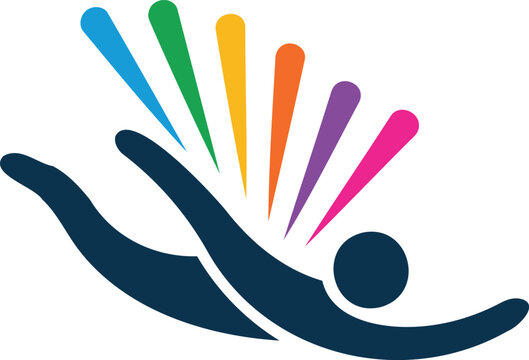 Stylized dark blue silhouette of a person skydiving with colorful rainbow splashes isolated on transparent background