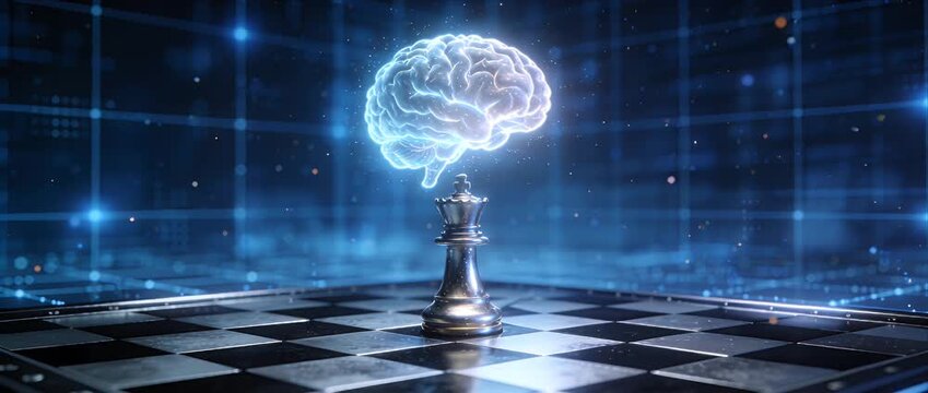 Futuristic chess digital brain artificial intelligence glowing strategy neural network cyber chessboard technology concept data grid blue light innovation virtual reality digital board with data