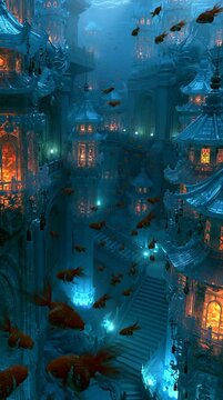 An underwater Dragon King palace inspired by Chinese mythology, with translucent jade architecture and glowing koi fish drifting through vast ceremonial halls beneath the sea