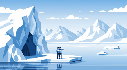 Arctic exploration vector illustration of explorers on an iceberg with icy mountains and frozen water in background © Emi