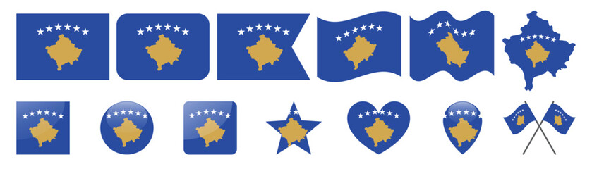 Kosovo national flag set with various shapes and map icon. © BestBuyPoints