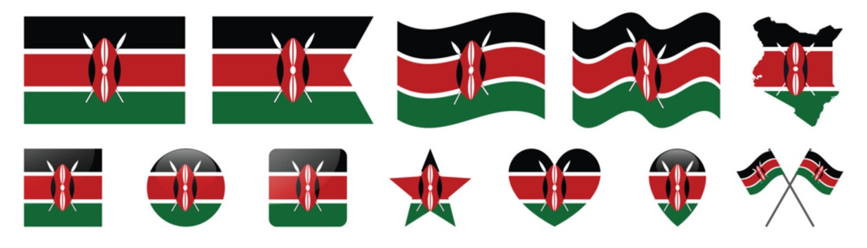 Kenya national flag set with various shapes and map icon.