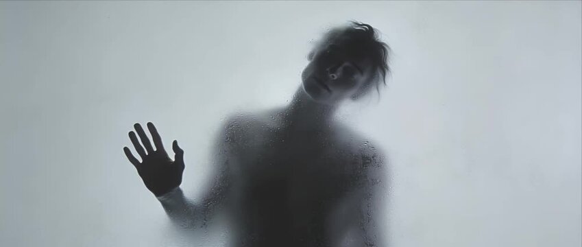 Shadow silhouette mysterious human shadow silhouette abstract foggy glass with wet hand print horror concept ghostly figure behind foggy glass dramatic light wet surface lonely mood dark fantasy