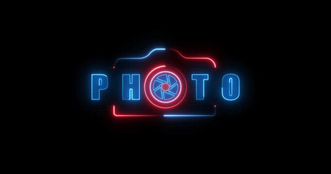 Glowing neon camera icon video recording and film themes animation. Social media video camera frame photography on a black background