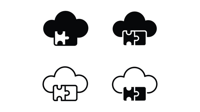 continuous one line cloud computing icons with puzzle pieces minimalist technology integration concept outline illustration isolated vector design 