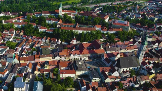 Aerial view of the old town and city Freising  in Germany, Bavaria on a sunny spring day