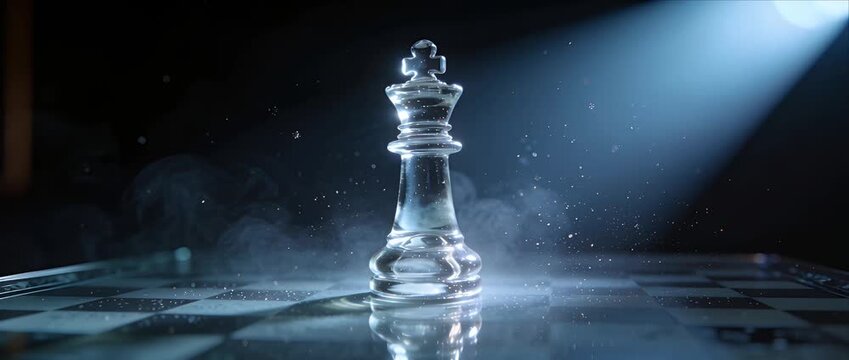 Transparent glass chess king strategy power leadership in spotlight glow challenge tension suspense competition board game piece victory concept dramatic smoke dust mystical atmospheric background