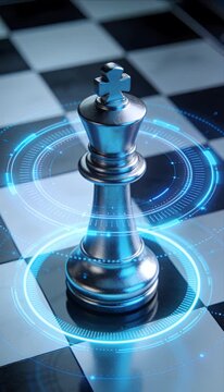 Metal chess king futuristic glowing circle digital strategy leadership technology metallic cyber innovation concept game intelligence vision checkmate blue neon hud security