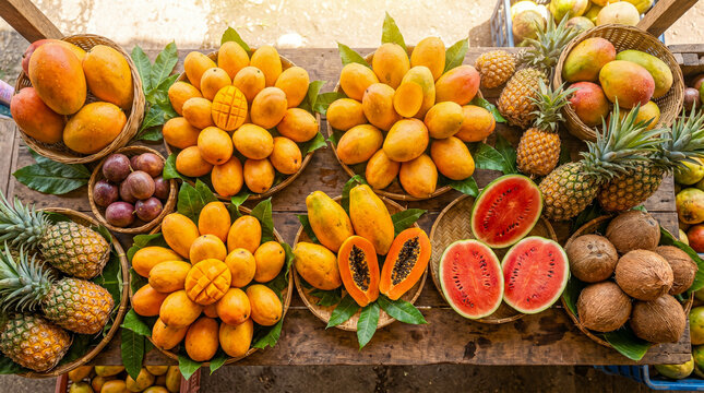 Flat lay a&eacute;reo de un mercado tropical de frutas en verano: mangos, papayas, pi&ntilde;as y cocos con gotas de agua sobre superficie de madera.
