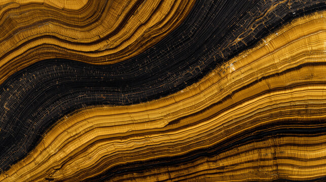 Polished tigereye slab with golden silk chatoyancy in undulating amber and black bands as a lustrous gemstone surface texture