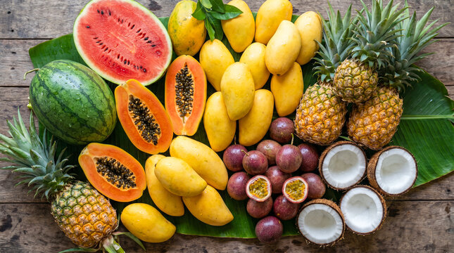 Flat lay a&eacute;reo de un mercado tropical de frutas en verano: mangos, papayas, pi&ntilde;as y cocos con gotas de agua sobre superficie de madera.
