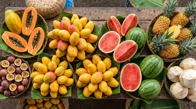 Flat lay a&eacute;reo de un mercado tropical de frutas en verano: mangos, papayas, pi&ntilde;as y cocos con gotas de agua sobre superficie de madera.
