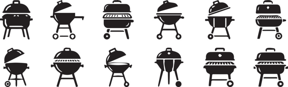 Grill icons set diverse barbecue grill styles in black silhouette