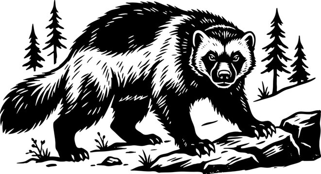 Wolverine Black and White Woodcut Illustration in a Forest