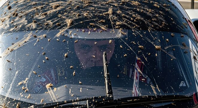 Dirty car windshield with splattered bugs.