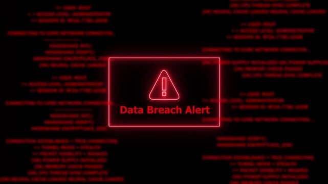 Red Exclamation Mark Warning Symbol data breach alert Neon Sign. Digital glitch effect overlaying a red warning sign within a code editor displaying C++ syntax