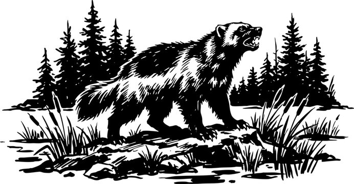 Black and white wolverine illustration in a wild forest setting