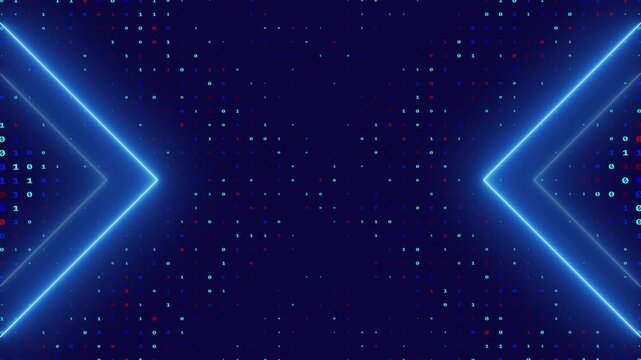 Digital technology background with colorful binary code matrix and bright glowing neon blue arrows pointing inward, 4k video
