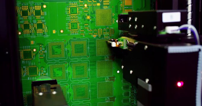 Extreme close-up of a high-tech robotic testing arm conducting quality control on a printed circuit board (PCB). Automated electronics manufacturing, artificial intelligence in industry