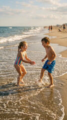 Fototapeta premium Dos niños riendo y salpicando agua en la orilla de una playa arenosa en verano, con luz cálida de tarde y olas suaves. 
